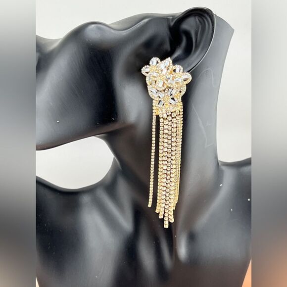 Gold Crystal Rhinestone Fringe Dangle Earrings – Elegant Statement Piece - Picture 2 of 9